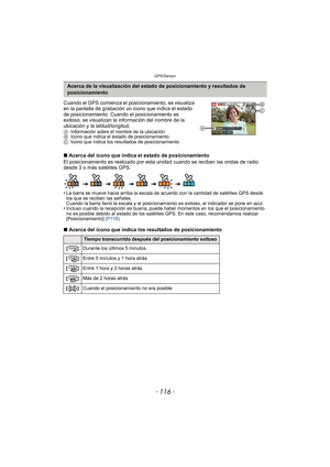 Page 116GPS/Sensor
- 116 -
Cuando el GPS comienza el posicionamiento, se visualiza 
en la pantalla de grabación un icono que indica el estado 
de posicionamiento. Cuando el posicionamiento es 
exitoso, se visualizan la información del nombre de la 
ubicación y la latitud/longitud.
AInformación sobre el nombre de la ubicación
B Icono que indica el estado de posicionamiento
C Icono que indica los resultados de posicionamiento
∫Acerca del icono que indica el estado de posicionamiento
El posicionamiento es realizado...