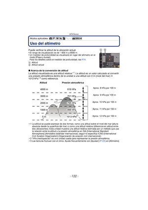 Page 122GPS/Sensor
- 122 -
Modos aplicables: 
Uso del altímetro
Puede verificar la altitud de la ubicación actual.
•El rango de visualización es de j600 m a 9000 m.•Un medidor de profundidad se visualizará en lugar del altímetro en el 
modo [Playa y buceo].
Para los detalles sobre el medidor de profundidad, lea  P74.
A Altitud
B Altitud actual
∫Acerca de la conversión de altitud
La altitud visualizada es una altitud relativa¢1. La altitud es un valor calculado al convertir 
una presión atmosférica dentro de la...