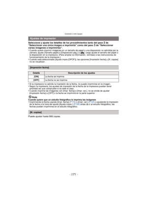 Page 171- 171 -
Conexión a otro equipo
Seleccione y ajuste los detalles de los procedimientos tanto del paso 2 de 
“Seleccionar una única imagen e imprimirla” como del paso 3 de “Seleccionar 
varias imágenes e imprimirlas”.
•
Cuando quiere imprimir imágenes en un tamaño de  papel o una disposición no admitida por la 
cámara, ajuste [Tamaño papel] o [Disposición pág.] a [{], luego ajuste el tamaño del papel o 
la disposición en la impresora. (Para ampliar la información, remítase a las instrucciones de...