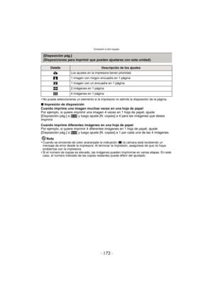 Page 173- 173 -
Conexión a otro equipo
•No puede seleccionarse un elemento si la impresora no admite la disposición de la página.
∫Impresión de disposición
Cuando imprime una imagen muchas veces en una hoja de papel
Por ejemplo, si quiere imprimir una im agen 4 veces en 1 hoja de papel, ajuste 
[Disposición pág.] a [ ä] y luego ajuste [N. copias] a 4 para las imágenes que desea 
imprimir.
Cuando imprime diferentes imágenes en una hoja de papel
Por ejemplo, si quiere imprimir 4 difer entes imágenes en 1 hoja de...