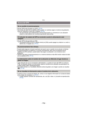 Page 194Otros
- 194 -
•[Ajuste GPS] está ajustado en [OFF]. (P115)•Las ondas de radio de los satélites GPS pueden no recibirse según el entorno de grabación, 
como en interiores o cerca de un edificio. (P114)
> Se recomienda usar sosteniendo la cámara fija durante un momento en una ubicación 
exterior a cielo abierto con la antena apuntando hacia arriba.
•[Ajuste GPS] está ajustado en [ON].
> Fije [Ajuste GPS] en [OFF] o [Modo Avión] en [ON] cuando apaga la unidad en un avión o 
dentro de un hospital, etc....