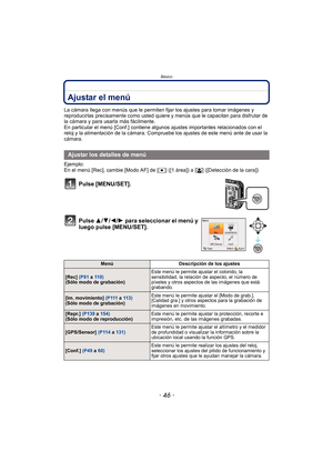 Page 46Básico
- 46 -
Ajustar el menú
La cámara llega con menús que le permiten fijar los ajustes para tomar imágenes y 
reproducirlas precisamente como usted quiere y menús que le capacitan para disfrutar de 
la cámara y para usarla más fácilmente.
En particular el menú [Conf.] contiene algunos ajustes importantes relacionados con el 
reloj y la alimentación de la cámara. Compruebe los ajustes de este menú ante de usar la 
cámara.
Ejemplo:
En el menú [Rec], cambie [Modo AF] de [ Ø] ([1 área]) a [ š] ([Detección...