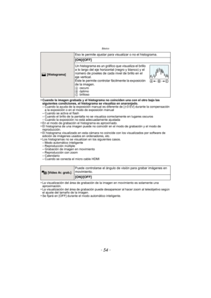 Page 54Básico
- 54 -
•Cuando la imagen grabada y el histograma no coinciden una con el otro bajo las 
siguientes condiciones, el histograma se visualiza en anaranjado.
–Cuando la ayuda de la exposición manual es diferente de [n0 EV] durante la compensación 
a la exposición o en el modo de exposición manual
–Cuando se activa el flash–Cuando el brillo de la pantalla no se  visualiza correctamente en lugares oscuros–Cuando la exposición no está adecuadamente ajustada•En el modo de grabación el histograma es...