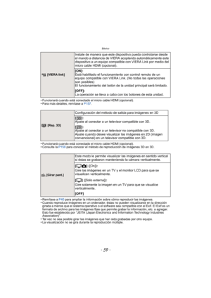 Page 59- 59 -
Básico
•Funcionará cuando está conectado el micro cable HDMI (opcional).•Para más detalles, remítase a P157.
•Funcionará cuando está conectado el micro cable HDMI (opcional).•Consulte la  P159 para conocer el método de reproducción de imágenes 3D en 3D.
•Remítase a  P40 para ampliar la información sobre cómo reproducir las imágenes.•Cuando reproduce imágenes en un ordenador, éstas no pueden visualizarse en la dirección 
girada a menos que el sistema operativo o el softwa re sea compatible con el...