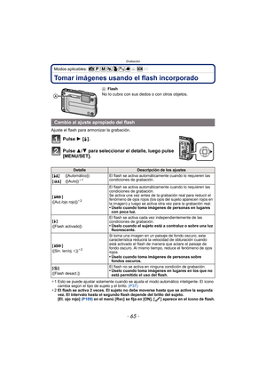 Page 65- 65 -
Grabación
Modos aplicables: 
Tomar imágenes usando el flash incorporado
Ajuste el flash para armonizar la grabación.
Pulse 1 [‰].
Pulse  3/4 para seleccionar el detalle, luego pulse 
[MENU/SET].
¢ 1 Esto se puede ajustar solamente cuando se ajusta el modo automático inteligente. El icono 
cambia según el tipo de sujeto y el brillo.  (P37)
¢ 2 El flash se activa 2 veces. El sujeto no debe moverse hasta que se active la segunda 
vez. El intervalo hasta el segundo flash depende del brillo del...