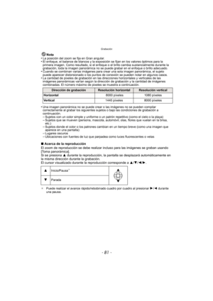 Page 81- 81 -
Grabación
Nota
•La posición del zoom se fija en Gran angular.•El enfoque, el balance de blancos y la exposición se fijan en los valores óptimos para la 
primera imagen. Como resultado, si el enfoque o el brillo cambia sustancialmente durante la 
grabación, toda la imagen panorámica no se puede grabar en el enfoque o brillo adecuado.
•Cuando se combinan varias imágenes para crear una sola imagen panorámica, el sujeto 
puede aparecer distorsionado o los puntos de conexión se pueden notar en algunos...