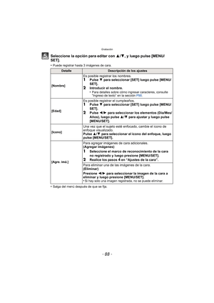 Page 88Grabación
- 88 -
Seleccione la opción para editar con 3/4, y luego pulse [MENU/
SET].
•Puede registrar hasta 3 imágenes de cara.
•Salga del menú después de que se fija.
DetalleDescripción de los ajustes
[Nombre]
Es posible registrar los nombres.1Pulse  4 para seleccionar [SET] luego pulse [MENU/
SET].
2Introducir el nombre.
•Para detalles sobre cómo ingresar caracteres, consulte “Ingreso de texto” en la sección  P90.
[Edad]
Es posible registrar el cumpleaños.1Pulse  4 para seleccionar [SET] luego pulse...