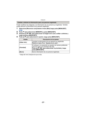 Page 89- 89 -
Grabación
Puede modificar las imágenes o la información de una persona ya registrada. También 
puede eliminar la información de la persona registrada.
1Seleccione [Reconoce cara] desde el menú [Rec] luego pulse [MENU/SET]. 
(P46)
2Pulse  4 para seleccionar [MEMORY] y pulse [MENU/SET].
3Presione  3/4 /2 /1  para seleccionar la imagen de la cara a editar o eliminar y 
luego presione [MENU/SET].
4Pulse  3/4  para seleccionar la opción, luego pulse [MENU/SET].
•
Salga del menú después de que se fija....