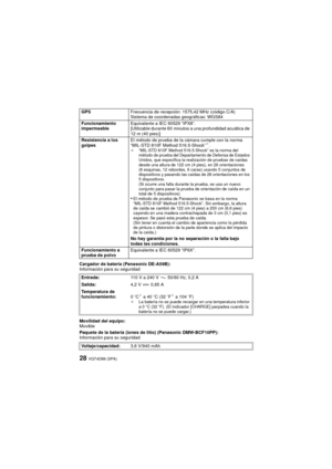 Page 28VQT4D89 (SPA)28
Cargador de batería (Panasonic DE-A59B):
Información para su seguridad
Movilidad del equipo:
Movible
Paquete de la batería (iones de litio) (Panasonic DMW-BCF10PP):
Información para su seguridadGPS
Frecuencia de recepción: 1575,42 MHz (código C/A)
Sistema de coordenadas geográficas: WGS84
Funcionamiento 
impermeable Equivalente a IEC 60529 “IPX8”.
[Utilizable durante 60 minutos a una profundidad acuática de 
12 m (40 pies)]
Resistencia a los 
golpes El método de prueba de la cámara cumple...