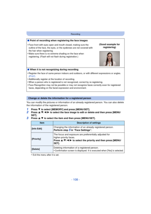 Page 108- 108 -
Recording
You can modify the pictures or information of an already registered person. You can also delete 
the information of the registered person.
1Press 4 to select [MEMORY] and press [MENU/SET].2Press  3/4 /2/ 1 to select the face image to edit or delete and then press [MENU/
SET].
3Press  3/4  to select the item and then press [MENU/SET].
•
Exit the menu after it is set.
∫ Point of recording when registering the face images
•
Face front with eyes open and mouth closed, making sure the...