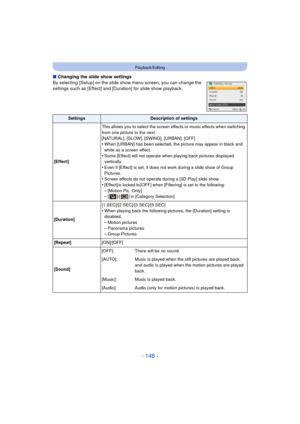 Page 148- 148 -
Playback/Editing
∫Changing the slide show settings
By selecting  [Setup] on the slide show menu screen, you can change the 
settings such as [Effect] and [Duration] for slide show playback.
SettingsDescription of settings
[Effect] This allows you to select the screen effects or music effects when switching 
from one picture to the next.
[NATURAL], [SLOW], [SWING], [URBAN], [OFF]
•When [URBAN] has been selected, the picture may appear in black and 
white as a screen effect.
•Some [Effect] will not...