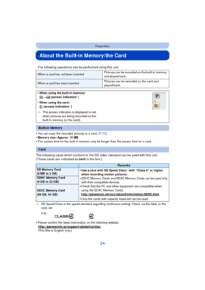 Page 24- 24 -
Preparation
About the Built-in Memory/the Card
•You can copy the recorded pictures to a card. (P172)
•Memory size: Approx. 10 MB•The access time for the built-in memory may be longer than the access time for a card.
The following cards which conform to the SD video standard can be used with this unit.
(These cards are indicated as card in the text.)
¢SD Speed Class is the speed standard regarding continuous writing. Check via the label on the 
card, etc.
•Please confirm the latest information on...