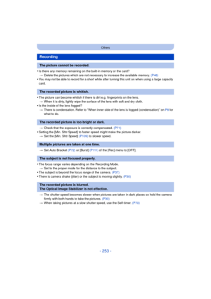 Page 253- 253 -
Others
•Is there any memory remaining on the built-in memory or the card?> Delete the pictures which are not necessary to increase the available memory.  (P46)
•You may not be able to record for a short while after turning this unit on when using a large capacity 
card.
•The picture can become whitish if there is dirt e.g. fingerprints on the lens.
> When it is dirty, lightly wipe the surface of the lens with soft and dry cloth.
•Is the inside of the lens fogged?
> There is condensation. Refer to...