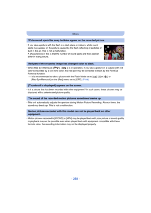 Page 258- 258 -
Others
•When Red-Eye Removal ([ ], [ ]) is in operation, if you take a picture of a subject with red 
color surrounded by a skin tone color, that red part may be corrected to black by the Red-Eye 
Removal function.> It is recommended to take a picture with the Flash Mode set to [ ‡], [‰] or [ Œ], or 
[Red-Eye Removal] on the [Rec] menu set to [OFF].  (P116)
•Is it a picture that has been recorded with other equipment? In such cases, these pictures may be 
displayed with a deteriorated picture...