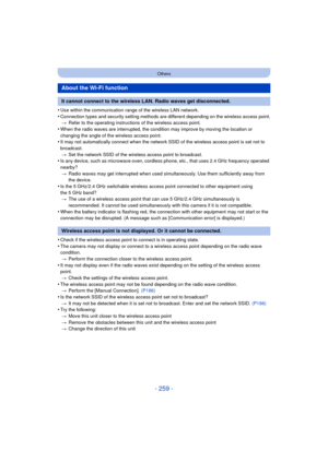 Page 259- 259 -
Others
•Use within the communication range of the wireless LAN network.
•Connection types and security setting methods are different depending on the wireless access point.> Refer to the operating instructions of the wireless access point.
•When the radio waves are interrupted, the condition may improve by moving the location or 
changing the angle of the wireless access point.
•It may not automatically connect when the network SSID of the wireless access point is set not to 
broadcast.
> Set the...