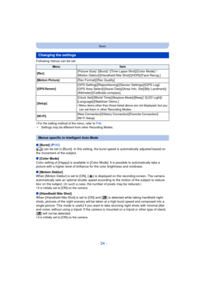 Page 34- 34 -
Basic
Following menus can be set.
•
For the setting method of the menu, refer to P48.
¢ Settings may be different from other Recording Modes.
∫[Burst]  (P111)
[ ] can be set in [Burst]. In this setting,  the burst speed is automatically adjusted based on 
the movement of the subject.
∫ [Color Mode]
Color setting of [Happy] is available in [Color Mode]. It is possible to automatically take a 
picture with a higher level of brilliance for the color brightness and vividness.
∫ [Motion Deblur]
When...