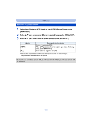 Page 134- 134 -
GPS/Sensor
1Seleccione [Registro GPS] desde el menú [GPS/Sensor] luego pulse 
[MENU/SET].
2Pulse 3/4 para seleccionar  [Borrar registro], luego pulse [MENU/SET].
3Pulse  3/4 para seleccionar el ajuste y luego pulse [MENU/SET].
•Se visualiza la pantalla de confirmación. Se ejecuta cuando se selecciona [Sí]. 
Salga del menú después de que se ejecuta.
•Si un archivo se convirtió en formato KML, el archivo en formato NMEA y el archivo en formato KML 
se eliminarán.
Borrar los registros del GPS...