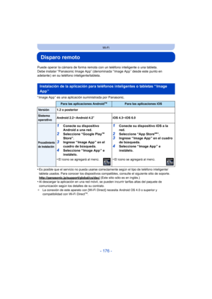 Page 176- 176 -
Wi-Fi
Disparo remoto
Puede operar la cámara de forma remota con un teléfono inteligente o una tableta.
Debe instalar “Panasonic Image App” (denominada “ Image App ” desde este punto en 
adelante )  en su teléfono inteligente/tableta.
“ Image App ” es una aplicación suministrada por Panasonic.
•
Es posible que el servicio no pueda usarse correctamente según el tipo de teléfono inteligente/
tableta usados. Para conocer los dispositivos comp atibles, consulte el siguiente sitio de soporte....