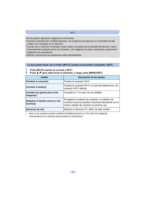 Page 189- 189 -
Wi-Fi
•No se pueden reproducir imágenes en movimiento.•Durante la reproducción múltiple/calendario, las imágenes que aparecen en la pantalla de esta 
unidad no se visualizan en un televisor.
•Cuando hay un televisor conectado a esta unidad, es posible que la pantalla del televisor vuelva 
temporalmente al estado previo a la conexión. Las imágenes se verán nuevamente cuando tome 
imágenes o las reproduzca.
•[Efecto] y [Sonido] de las diapositivas están deshabilitados.
1Pulse [Wi-Fi] cuando se...