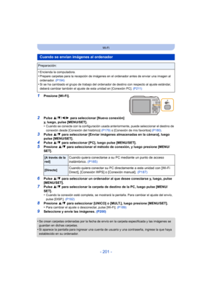 Page 201- 201 -
Wi-Fi
1Presione [Wi-Fi].
2Pulse 3/4/ 2/1 para seleccionar [Nueva conexión] 
y, luego, pulse [MENU/SET].
•
Cuando se conecte con la configuración usada anteriormente, puede seleccionar el destino de 
conexión desde [Conexión del histórico]  (P179) o [Conexión de mis favoritos]  (P180).
3Pulse 3/4 para seleccionar [Enviar imágenes almacenadas en la cámara], luego 
pulse [MENU/SET].
4Pulse  3/4 para seleccionar [PC], luego pulse [MENU/SET].5Presione  3/4  para seleccionar el método de conexión, y...