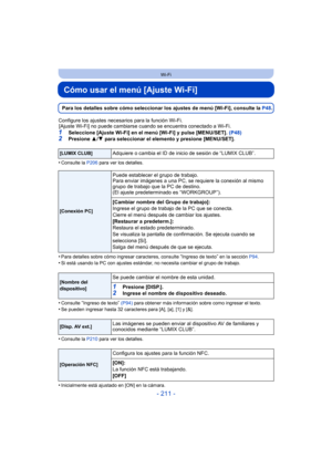 Page 211- 211 -
Wi-Fi
Cómo usar el menú [Ajuste Wi-Fi]
Para los detalles sobre cómo seleccionar los ajustes de menú [Wi-Fi], consulte la P48.
Configure los ajustes necesarios para la función Wi-Fi. [Ajuste Wi-Fi] no puede cambiarse cuando se encuentra conectado a Wi-Fi. 
1Seleccione [Ajuste Wi-Fi] en el menú [Wi-Fi] y pulse [MENU/SET].  (P48)2Presione 3/4  para seleccionar el elemento y presione [MENU/SET].
•
Consulte la  P206 para ver los detalles.
•Para detalles sobre cómo ingresar caracteres, consulte...