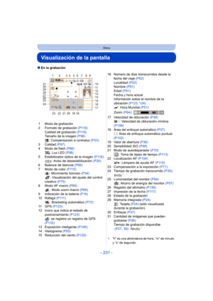 Page 231- 231 -
Otros
Visualización de la pantalla
∫En la grabación
1 Modo de grabación
2 Formato de grabación  (P118)
Calidad de grabación  (P119)
Tamaño de la imagen  (P96)
: Compensación a contraluz  (P33)
3 Calidad  (P97)
4 Modo de flash  (P66)
: Luz LED  (P56)
5 Estabilizador óptico de la imagen  (P116)
: Aviso de desestabilización  (P30)
6 Balance de blancos  (P99)
7 Modo de color  (P115)
:
 Movimiento borroso  (P34)
: Visualización del ajuste del control 
creativo  (P75)
8 Modo AF macro  (P69)
: Modo zoom...