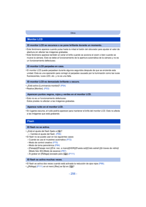Page 256- 256 -
Otros
•Este fenómeno aparece cuando pulsa hasta la mitad el botón del obturador para ajustar el valor de 
abertura sin afectar las imágenes grabadas.
•Este fenómeno aparece también al variar el brillo cuando se acciona el zoom o bien cuando se 
mueve la cámara. Esto se debe al funcionamiento de la apertura automática de la cámara y no es 
un funcionamiento defectuoso.
•El monitor LCD puede parpadear durante algunos segundos después de que se enciende esta 
unidad. Esta es una operación para...