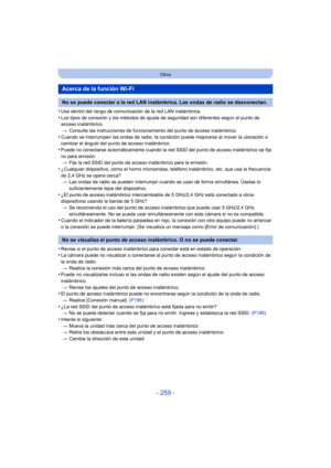 Page 259- 259 -
Otros
•Use dentro del rango de comunicación de la red LAN inalámbrica.
•Los tipos de conexión y los métodos de ajuste de seguridad son diferentes según el punto de 
acceso inalámbrico.> Consulte las instrucciones de funcionamiento del punto de acceso inalámbrico.
•Cuando se interrumpen las ondas de radio, la condición puede mejorarse al mover la ubicación o 
cambiar el ángulo del punto de acceso inalámbrico.
•Puede no conectarse automáticamente cuando la red SSID del punto de acceso inalámbrico...