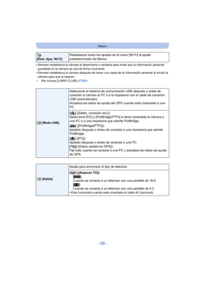 Page 59- 59 -
Básico
•Siempre restablezca la cámara al desecharla o venderla para evitar que la información personal 
guardada en la cámara se use de forma incorrecta.
•Siempre restablezca la cámara después de hacer una copia de la información personal al enviar la 
cámara para que la reparen.
¢ (No incluye [LUMIX CLUB] )  (P209)
 
[Rest. Ajus. Wi-Fi]Restablezca todos los ajustes en el menú [Wi-Fi] al ajuste 
predeterminado de fábrica.¢
x  [Modo USB]
Seleccione el sistema de comunicación  USB después o antes...