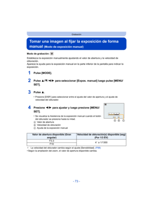 Page 73- 73 -
Grabación
Tomar una imagen al fijar la exposición de forma 
manual 
(Modo de exposición manual)
Modo de grabación: 
Establezca la exposición manualmente ajustando el valor de abertura y la velocidad de 
obturación.
Aparece la ayuda para la exposición manual en la parte inferior de la pantalla para indicar la 
exposición.
1Pulse [MODE].
2Pulse  3/4/2/ 1 para seleccionar [Expos. manual] luego pulse [MENU/
SET].
3Pulse  3.
•Presione [DISP.] para seleccionar entre el aj uste del valor de apertura y el...
