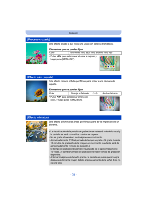 Page 78- 78 -
Grabación
Este efecto añade a sus fotos una vista con colores dramáticos.
Este efecto reduce el brillo periférico para imitar a una cámara de 
juguete.
Este efecto difumina las áreas perif éricas para dar la impresión de un 
diorama.
[Proceso cruzado]
Elementos que se pueden fijan
Color Tono verde/Tono azul/Tono amarillo/Tono rojo
•Pulse 2/1 para seleccionar el color a mejorar y 
luego pulse [MENU/SET].
[Efecto cám. juguete]
Elementos que se pueden fijan
Color Naranja enfatizado Azul enfatizado...