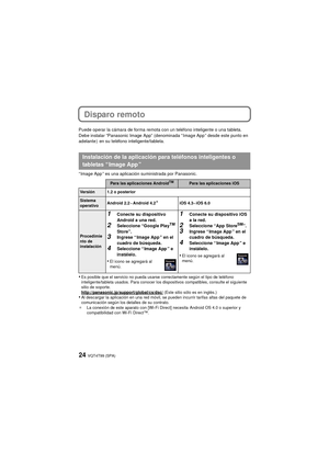 Page 24VQT4T99 (SPA)24
Disparo remoto
Puede operar la cámara de forma remota con un teléfono inteligente o una tableta.
Debe instalar “Panasonic Image App” (denominada “ Image App ” desde este punto en 
adelante )  en su teléfono inteligente/tableta.
“ Image App ” es una aplicación suministrada por Panasonic.
•Es posible que el servicio no pueda usarse correctamente según el tipo de teléfono 
inteligente/tableta usados. Para conocer los dispositivos compatibles, consulte el siguiente 
sitio de soporte....