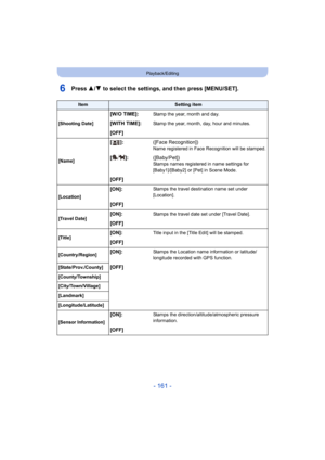 Page 161- 161 -
Playback/Editing
6Press 3/4 to select the settings, and then press [MENU/SET].
ItemSetting item
[Shooting Date]
[W/O TIME]:Stamp the year, month and day.
[WITH TIME]:Stamp the year, month, day, hour and minutes.
[OFF]
[Name]
[]: ([Face Recognition])Name registered in Face Recognition will be stamped.
[]:([Baby/Pet])Stamps names registered in name settings for 
[Baby1]/[Baby2] or [Pet] in Scene Mode.
[OFF]
[Location]
[ON]:Stamps the travel destination name set under 
[Location].
[OFF]
[Travel...