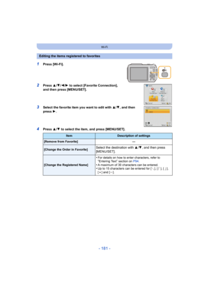 Page 181- 181 -
Wi-Fi
1Press [Wi-Fi].
2Press 3/4 /2/ 1 to select [Favorite Connection], 
and then press [MENU/SET].
3Select the favorite item you want to edit with  3/4, and then 
press  1.
4Press  3/4  to select the item, and press [MENU/SET].
Editing the items registered to favorites
ItemDescription of settings
[Remove from Favorite] —
[Change the Order in Favorite]Select the destination with 3/4, and then press 
[MENU/SET].
[Change the Registered Name]
•For details on how to enter characters, refer to...