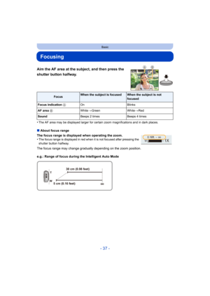 Page 37- 37 -
Basic
Focusing
Aim the AF area at the subject, and then press the 
shutter button halfway.
•The AF area may be displayed larger for certain zoom magnifications and in dark places.
∫About focus range
The focus range is displayed when operating the zoom.
•
The focus range is displayed in red when it is not focused after pressing the 
shutter button halfway.
The focus range may change gradually depending on the zoom position.
e.g.: Range of focus during the Intelligent Auto Mode
FocusWhen the subject...