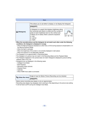 Page 55- 55 -
Basic
•When the recorded picture and the histogram do not match each other under the following 
conditions, the histogram is displayed in orange.
–When the Manual Exposure Assistance is other than [n0 EV] during exposure compensation or in 
the Manual Exposure Mode
–When the flash is activated
–When the brightness of the screen is not correctly displayed in dark places–When the exposure is not adequately adjusted•The Histogram is an approximation in Recording Mode.
•The Histogram of a picture may...