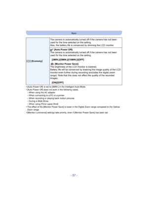 Page 57- 57 -
Basic
•[Auto Power Off]  is set to [5MIN.] in the Intelligent Auto Mode.•[Auto Power Off] does not work in the following cases.–When using the AC adaptor
–When connecting to a PC or a printer–When recording or playing back motion pictures–During a Slide Show
–When using [Time Lapse Shot]•The effect of the [Monitor Power Save] is lower in the Digital Zoom range compared to the Optical 
Zoom range.
•[Monitor Luminance] settings take priority, even if [Monitor Power Save] has been set.
q [Economy]...