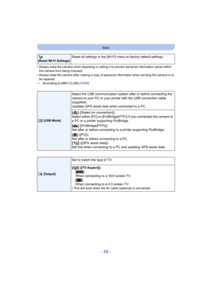 Page 59- 59 -
Basic
•Always reset the camera when disposing or selling it to prevent personal information saved within 
the camera from being misused.
•Always reset the camera after making a copy of personal information when sending the camera in to 
be repaired.
¢ (Excluding [LUMIX CLUB] ) (P209)
 
[Reset Wi-Fi Settings]Reset all settings in the [Wi-Fi] menu to factory default settings.¢
x  [USB Mode]
Select the USB communication system after or before connecting the 
camera to your PC or your printer with the...