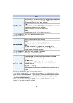 Page 60- 60 -
Basic
•This will work when the HDMI micro cable (optional) is connected.
•Refer to P215 for details.
•This will work when the HDMI micro cable (optional) is connected.•Refer to P217 for the method to play back 3D pictures in 3D.
•Refer to P42 for information about how to play back pictures.•When you play back pictures on a PC, they cannot be displayed in the rotated direction unless the 
OS or software is compatible with Exif. Exif is a  file format for still pictures which allows recording...