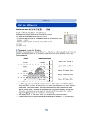 Page 136- 136 -
GPS/Sensor
Uso del altímetro
Modos aplicables: 
Puede verificar la altitud de la ubicación actual.
El altímetro no está ajustado en el momento de compra.
•
El rango de visualización es de j600 m a 9000 m.•Un medidor de profundidad se visualizará en lugar del altímetro en el modo 
de playa y snorkel.
Para los detalles sobre el medidor de profundidad, lea  P81.
A Altitud
B Altitud actual
∫Acerca de la conversión de altitud
La altitud visualizada es una altitud relativa¢1. La altitud es un valor...