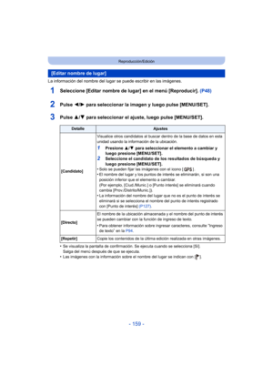 Page 159- 159 -
Reproducción/Edición
La información del nombre del lugar se puede escribir en las imágenes.
1Seleccione [Editar nombre de lugar] en el menú [Reproducir]. (P48)
2Pulse 2/1 para seleccionar la imagen y luego pulse [MENU/SET].
3Pulse  3/4 para seleccionar el ajuste, luego pulse [MENU/SET].
•Se visualiza la pantalla de confirmación. Se ejecuta cuando se selecciona [Sí]. 
Salga del menú después de que se ejecuta.
•Las imágenes con la información sobre el nombre del lugar se indican con [ ].
[Editar...