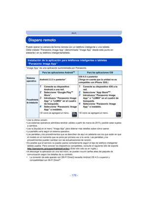 Page 176- 176 -
Wi-Fi
Disparo remoto
Puede operar la cámara de forma remota con un teléfono inteligente o una tableta.
Debe instalar “Panasonic Image App” (denominada “ Image App ” desde este punto en 
adelante )  en su teléfono inteligente/tableta.
“ Image App ” es una aplicación suministrada por Panasonic.
•
Use la última versión.•Los sistemas operativos admitidos tendrán validez a partir de marzo de 2015 y podrán estar sujetos 
a cambios.
•Lea la [Ayuda] en el menú “ Image App ” para obtener más detalles...