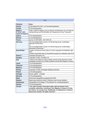 Page 244- 244 -
Otros
Territorio Aviso
AustriaC Bundesamt für Eich- und Vermessungswesen
Croatia C
 EuroGeographics
Belgium
(If using Traffic 
Codes for Belgium) Traffic Codes for Belgium are provided by the Ministerie van de Vlaamse 
Gemeenschap and the Ministèrie de l’Equipement et des Transports.
Cyprus
C
 EuroGeographics
Estonia C EuroGeographics
France source: C
 IGN 2009 – BD TOPO  R
Germany
“Die Grundlagendaten wurden mit Genehmigung der zuständigen 
Behörden entnommen” 
or 
“Die Grundlagendaten wurden...