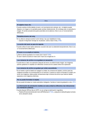 Page 266- 266 -
Otros
•Cuando cambia el brillo debido al zoom o al movimiento de la cámara, etc., el objetivo puede 
disparar y la imagen en la pantalla puede cambiar drásticamente. Sin embargo esto no perjudica la 
imagen. El sonido procede del ajuste automático de la abertura. Esto no es un funcionamiento 
defectuoso.
•Si no utiliza la cámara durante mucho  tiempo, hay que restablecer el reloj.
> [Ajuste el reloj] Este mensaje se visualizará, vuelva a fijar el reloj.  (P28)
•Cuando utiliza el zoom óptico...