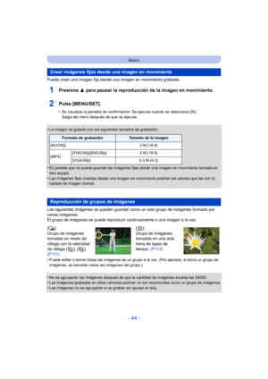 Page 44- 44 -
Básico
Puede crear una imagen fija desde una imagen en movimiento grabada.
1Presione 3 para pausar la reproducción de la imagen en movimiento.
2Pulse [MENU/SET].
•Se visualiza la pantalla de confirmación. Se ejecuta cuando se selecciona [Sí]. 
Salga del menú después de que se ejecuta.
•La imagen se guarda con los siguientes tamaños de grabación.
•Es posible que no pueda guardar las imágenes fijas desde una imagen en movimiento tomada en 
otro equipo.
•Las imágenes fijas creadas desde una imagen en...