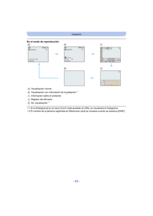 Page 63- 63 -
Grabación
¢1 Si el [Histograma] en el menú [Conf.] está aj ustado en [ON], se visualizará el histograma.
¢ 2 El nombre de la persona registrada en [Reconoce cara] se visualiza cuando se presiona [DISP.].
En el modo de reproducción
GHI
KJ
GVisualización normal
H Visualización con información de la grabación¢1
I Información sobre el ambiente
J Registro del altímetro
K Sin visualización
¢2
100-00011/2
,&
5HWRTXH
100-0001
F3.3ISO
  1001/60AWB
1/2
5HWRTXH
100m
 00 00 00.001013hPa 000 00...