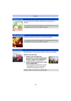 Page 79- 79 -
Grabación
Este efecto difumina la imagen completa para dar sensación de 
suavidad.
Este efecto transforma puntos de luz en efecto de estrella.
Este efecto deja un solo color que enfatiza la fuerza de una imagen.
[Enfoque suave]
•La visualización de la pantalla de grabación se retrasará más de lo usual y 
la pantalla se verá como si los cuadros se cayeran.
[Filtro de estrellas]
•La visualización de la pantalla de grabación se retrasará más de lo usual y 
la pantalla se verá como si los cuadros se...