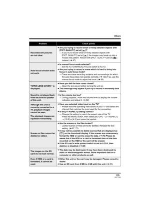 Page 115Others
115LSQT1190
Recorded still pictures 
are not clear.≥Are you trying to record small or finely detailed objects with 
[PICT. QUALITY] set at [ ]?
#If you try to record small or finely detailed objects with 
[PICT. QUALITY] set at [ ], the images may break up into a 
mosaic-like pattern. Record with [PICT. QUALITY] set at [ ] 
instead. (l47)
Auto focus function does 
not work.≥Is manual focus mode selected?
#Set the AUTO/MANUAL/FOCUS switch to AUTO.
≥Are you trying to record a scene which is hard to...