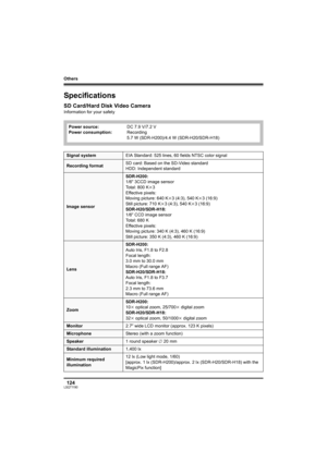 Page 124Others
124LSQT1190
Specifications
SD Card/Hard Disk Video Camera
Information for your safety
Power source:
Power consumption:DC 7.9 V/7.2 V
Recording
5.7 W (SDR-H200)/4.4 W (SDR-H20/SDR-H18)
Signal systemEIA Standard: 525 lines, 60 fields NTSC color signal
Recording formatSD card: Based on the SD-Video standard
HDD: Independent standard
Image sensorSDR-H200:
1/6z 3CCD image sensor
Total: 800 Kk3
Effective pixels:
Moving picture: 640 Kk3 (4:3), 540 Kk3 (16:9)
Still picture: 710 Kk3 (4:3), 540 Kk3 (16:9)...