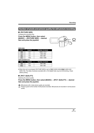 Page 47Recording
47LSQT1190
∫[PICTURE SIZE]
Changing the recording size.
Press the MENU button, then select 
[BASIC] # [PICTURE SIZE] # desired 
item and press the joystick.
SDR-H200:
SDR-H20/SDR-H18:
≥When this unit is purchased, [PICTURE SIZE] is set to [ ] (SDR-H200)/[ ] (SDR-H20/
SDR-H18). The sides of pictures recorded with a 16:9 aspect ratio may be cut at printing. Check 
before printing.
∫[PICT. QUALITY]
Selecting the picture quality.
Press the MENU button, then select [BASIC] # [PICT. QUALITY] #...